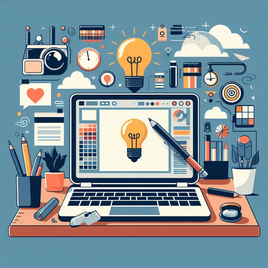 Graphic image of a laptop computer surrounded by imagery associated with writing, ideation, and creativity.