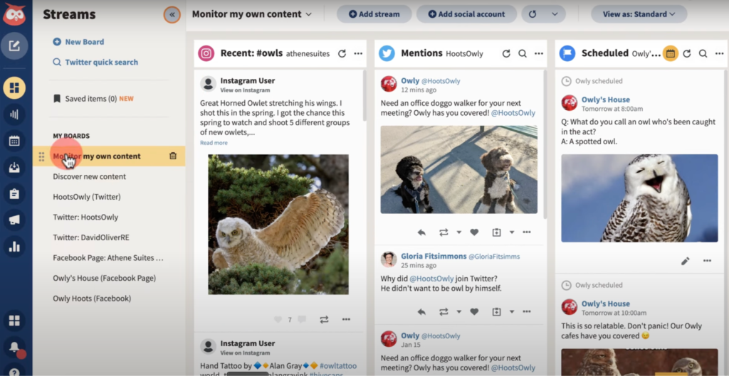 Content marketing tools: Screen grab of Hootsuite and a user's several data streams