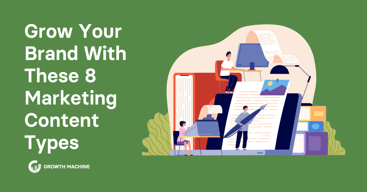 Content marketing types: Graphic with people typing on a laptop and typewriter