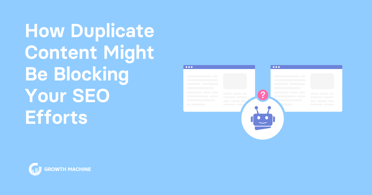 Duplicate content: Graphic of two identical website pages next to a confused robot
