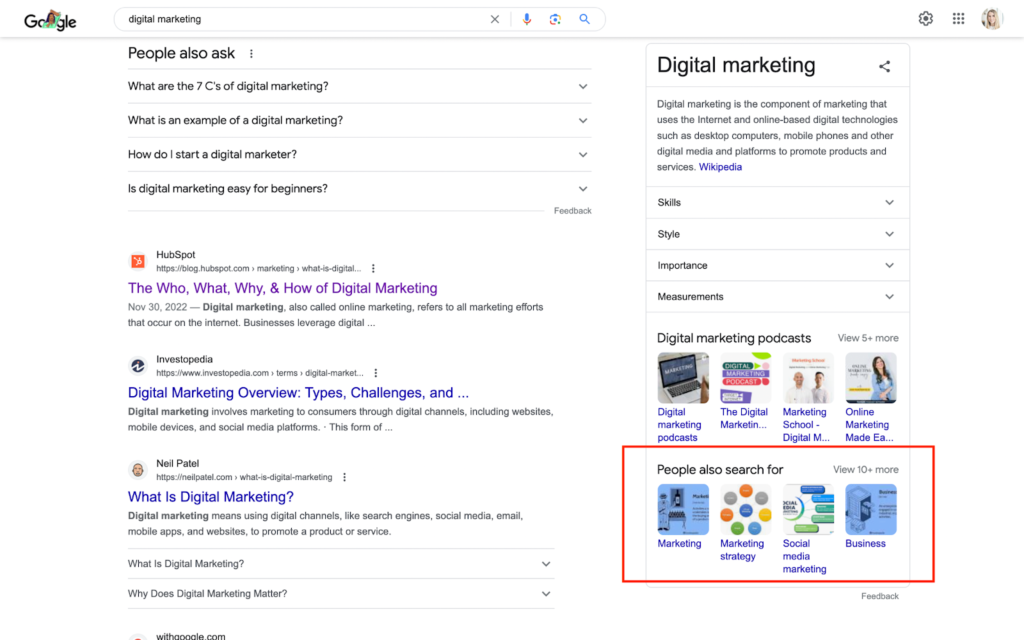Example of the "people also search for" section on Google
