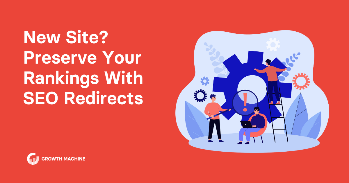 SEO redirects: Graphic of 3 workers around a site settings gear icon