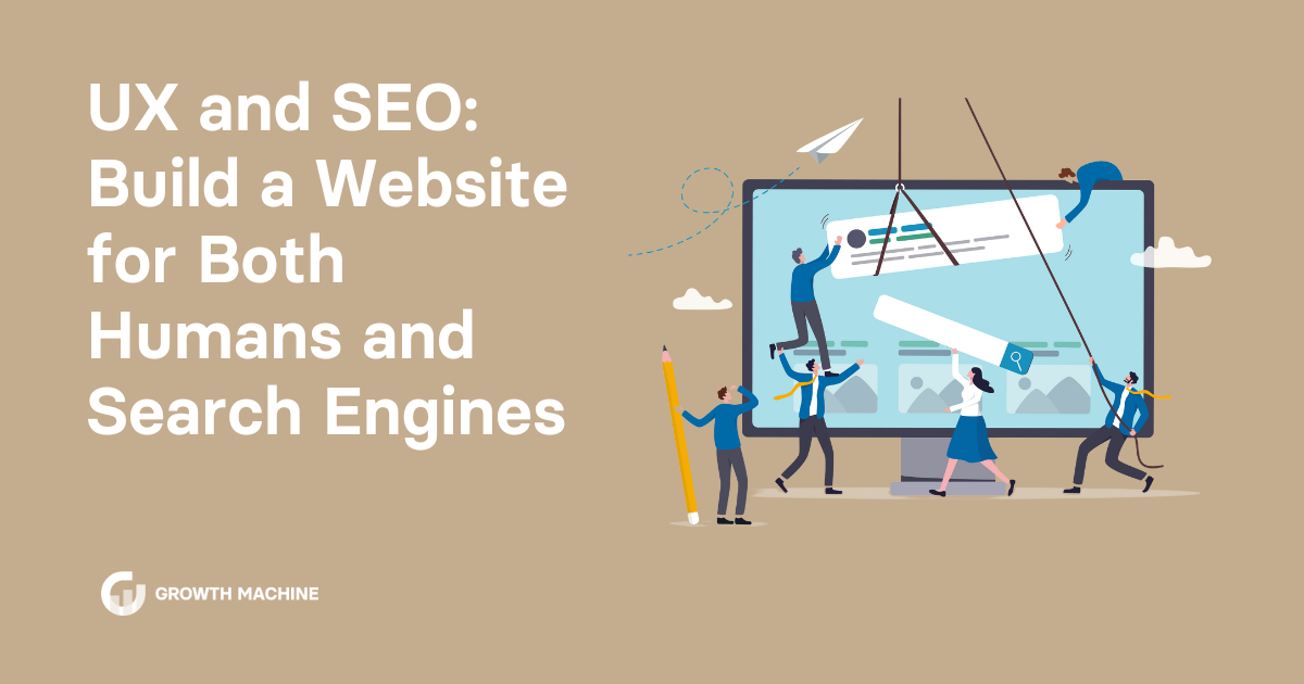 UX and SEO: Graphic of a team designing and piecing together a website