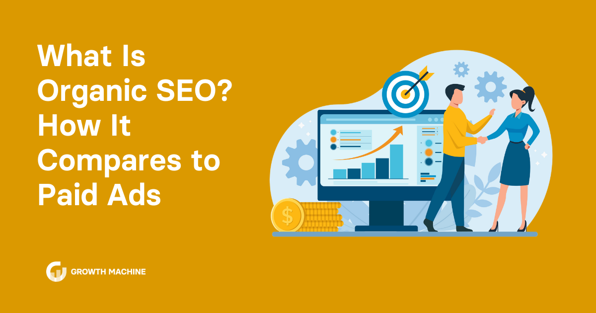 Organic SEO: Graphic of a man and woman shaking hands with website traffic data in the background